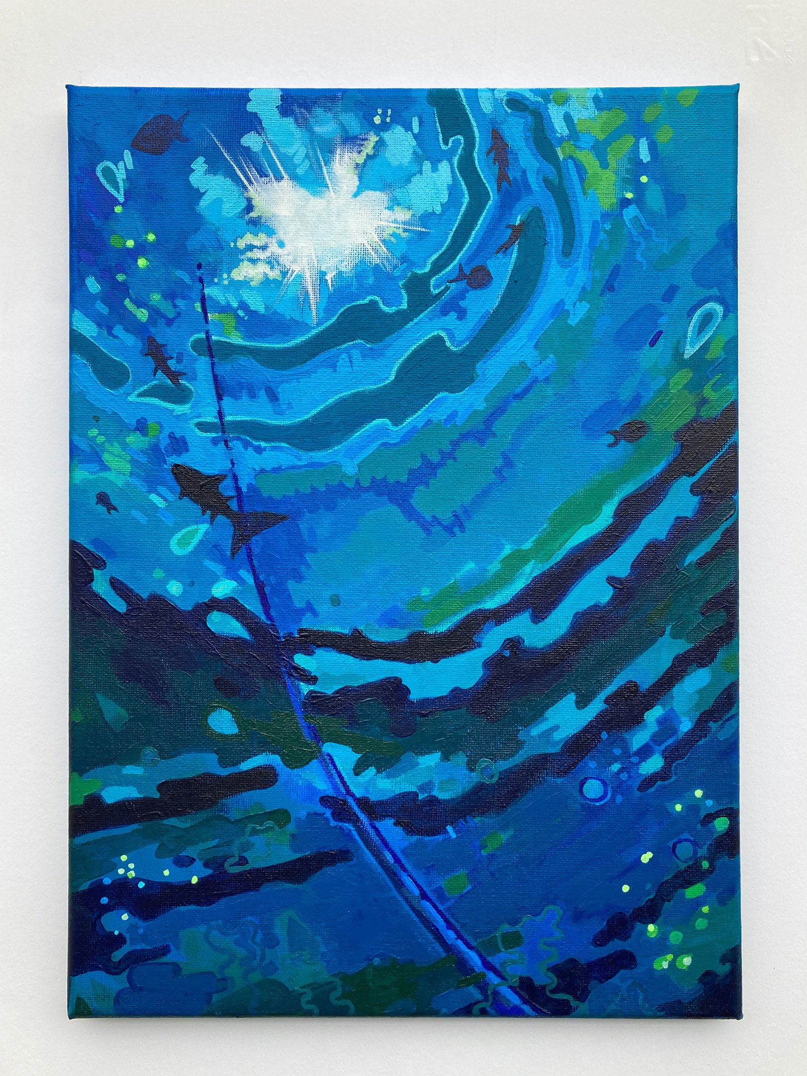 Abstract acrylic painting on canvas evoking the movement, depth and reflected light of the ocean through layered blue tones and fluid brushstrokes.