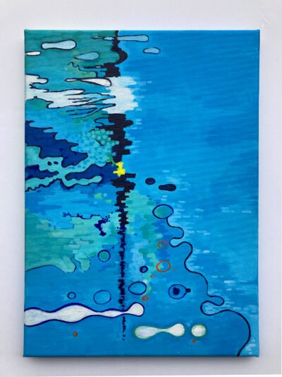 Abstract acrylic painting on canvas evoking the movement, depth and reflected light of the ocean through layered blue tones and fluid brushstrokes.