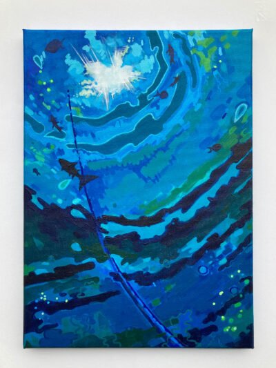 Abstract acrylic painting on canvas evoking the movement, depth and reflected light of the ocean through layered blue tones and fluid brushstrokes.
