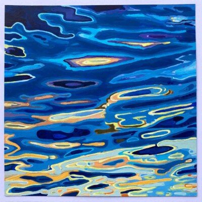 Abstract acrylic painting on paper featuring blue and warm-toned organic shapes.