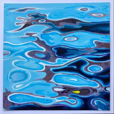 Abstract acrylic painting on paper featuring blue and violet organic forms.