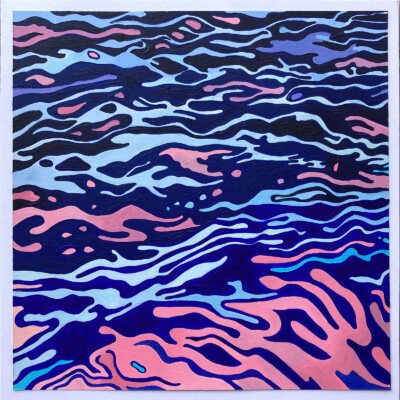 Abstract acrylic painting on paper featuring blue, violet, and pink abstract forms.